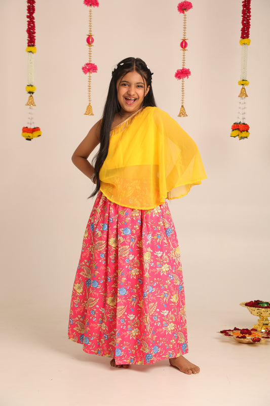 Yellow One-Shoulder Top with Pink Floral Skirt