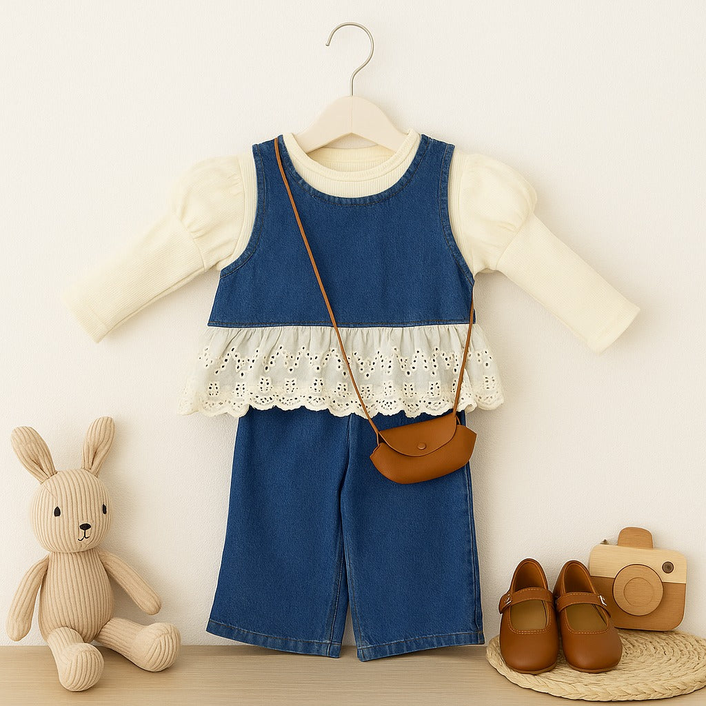 Denim Layered Set with Puff Sleeves & Lace Detailing