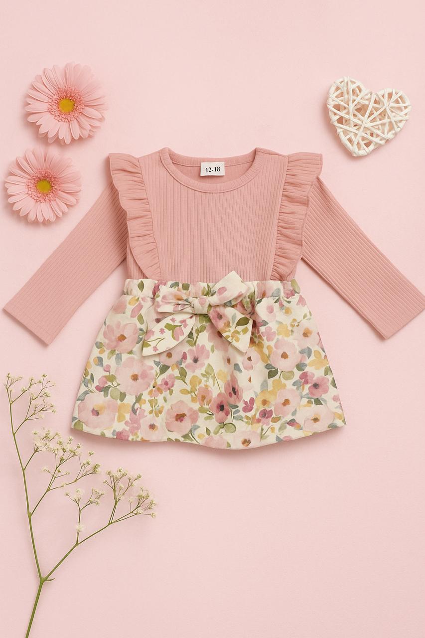 Elegant Pink Floral Baby Dress with Ruffle Detail