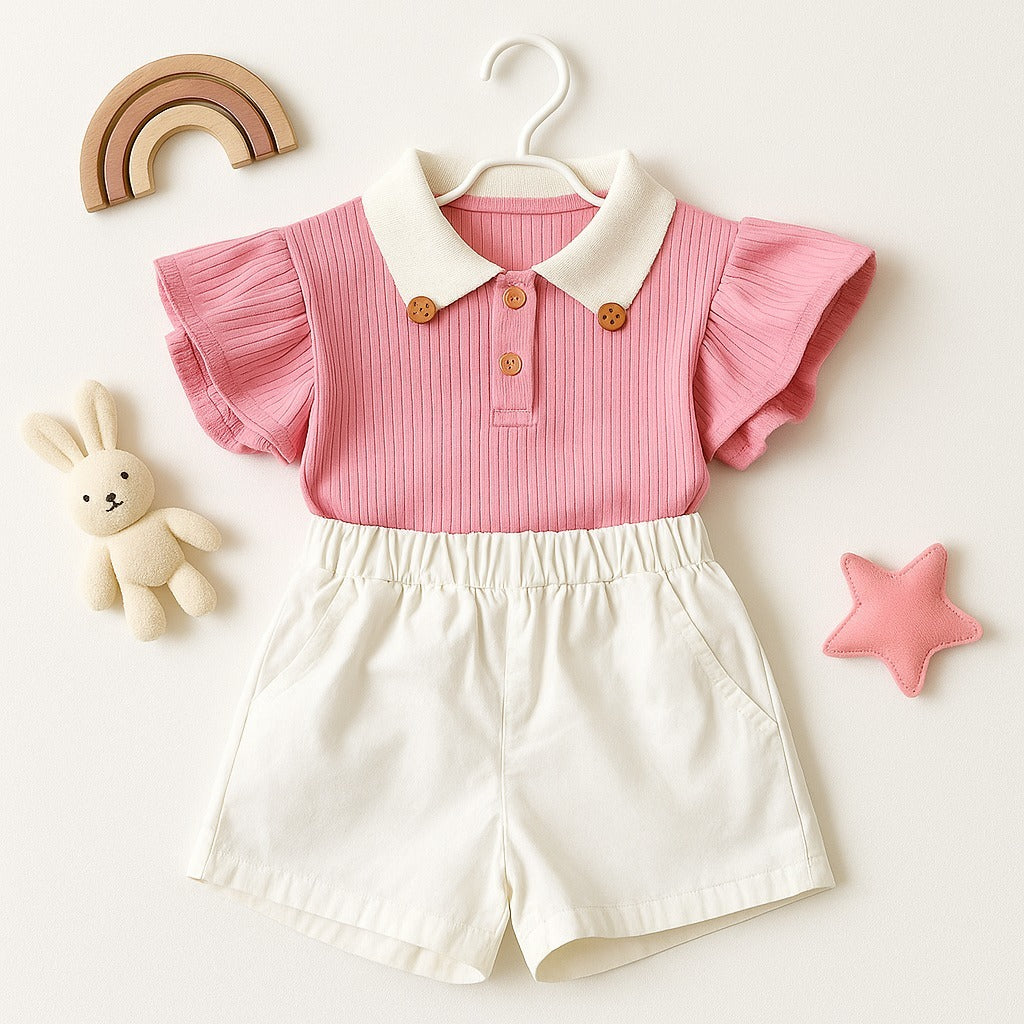 Adorable Pink Polo Top & Cream Shorts Set for Baby Girls
