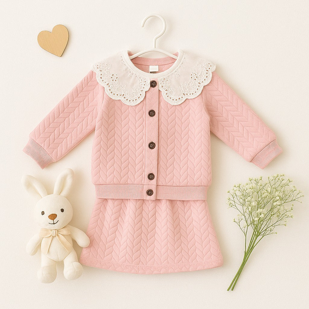 Elegant Pink Knit Dress Set with Lace Collar