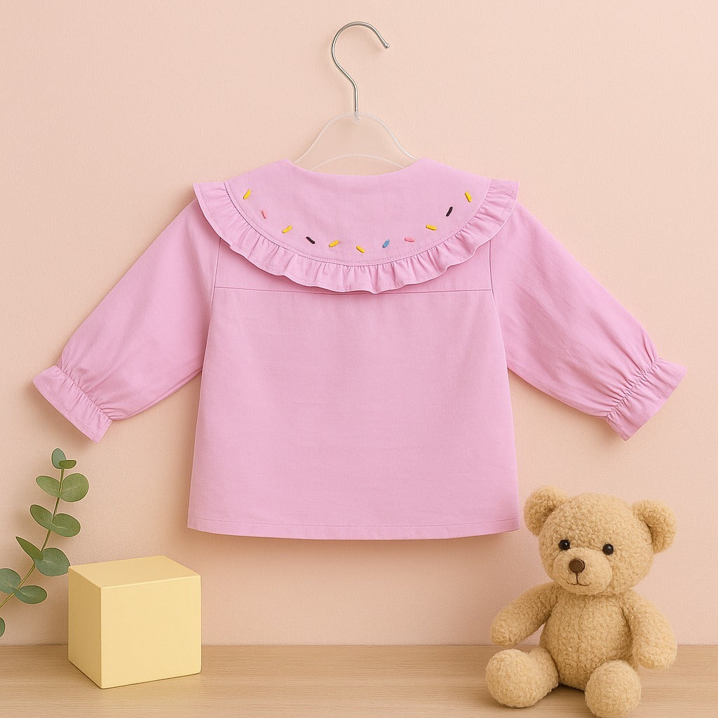 Sweet Pink Baby Top with Embroidered Ruffled Collar