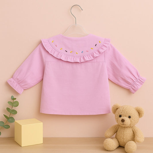 Sweet Pink Baby Top with Embroidered Ruffled Collar