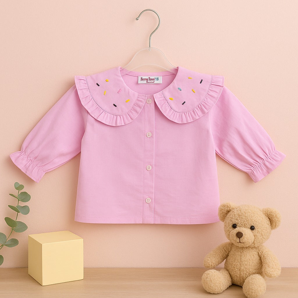 Sweet Pink Baby Top with Embroidered Ruffled Collar