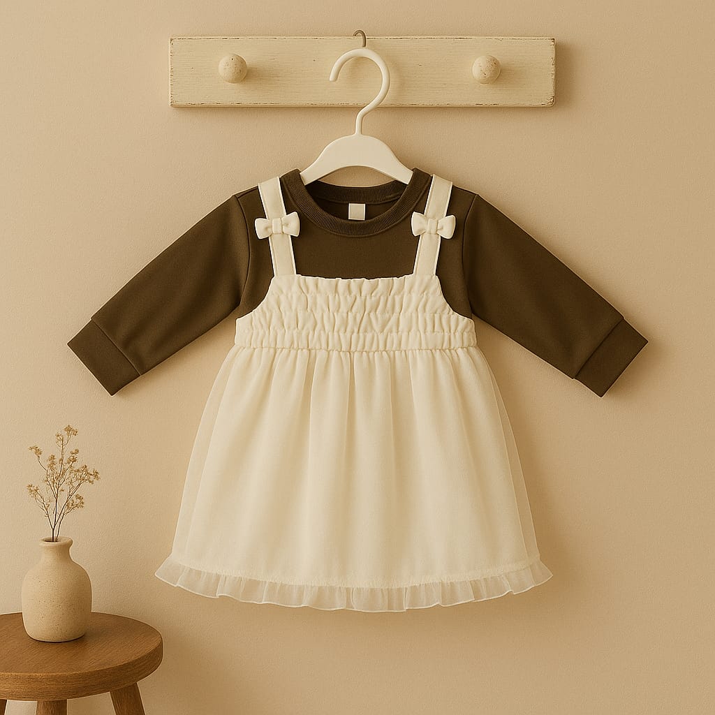 Elegant brown & Cream Layered Dress Set for Baby Girls