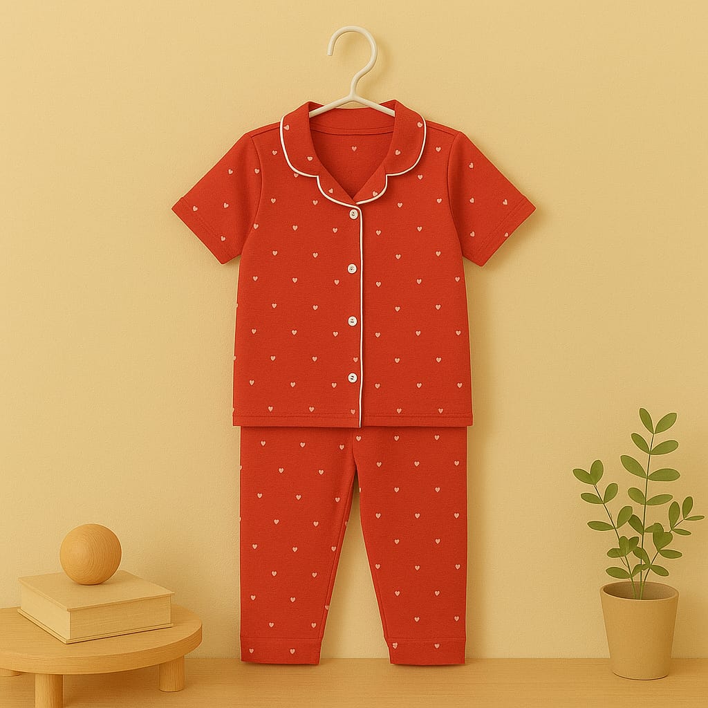 Red Heart Print Cotton Summer Night Suit for Kids