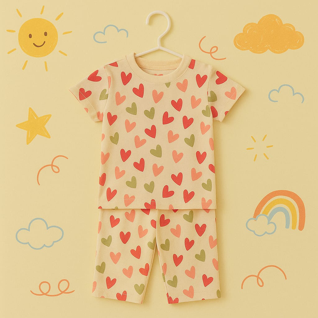 Multicolor Heart Print Cotton Summer Night Suit for Toddlers