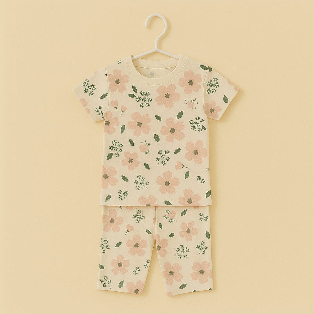 Blush Floral Print Cotton Nightwear Set for Toddlers