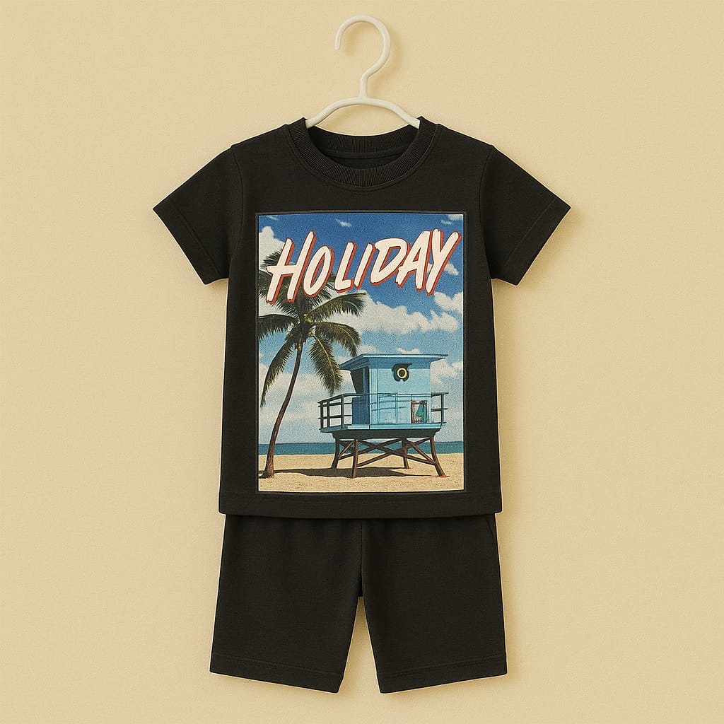 "Holiday Vibes" Tropical Beach Printed Cotton Nightwear Set