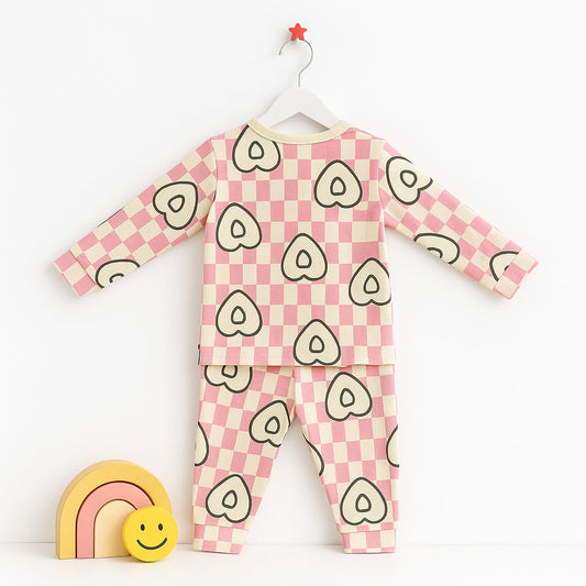 Retro Pink Checkered Heart Print Cotton Night Suit