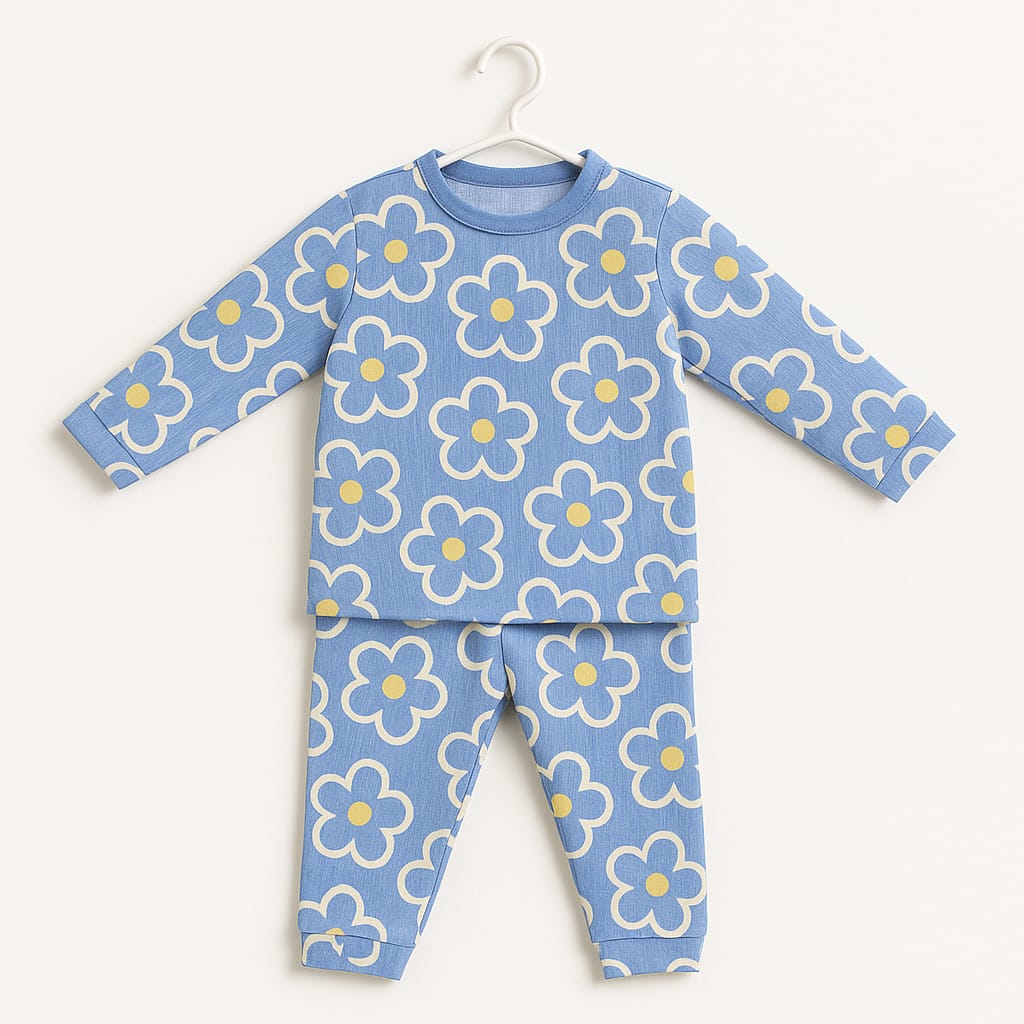 Bloomy Blue Floral Cotton Pajama Set for Girls