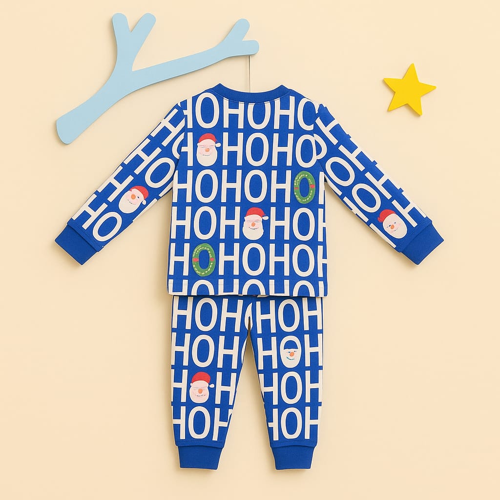 Festive Blue “HO HO” Santa Night Suit for Kids