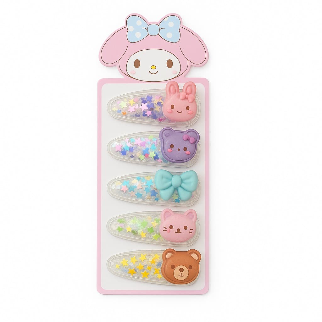 Set of 5 Glitter Star Snap Hair Clips with Cute Cartoon Charms