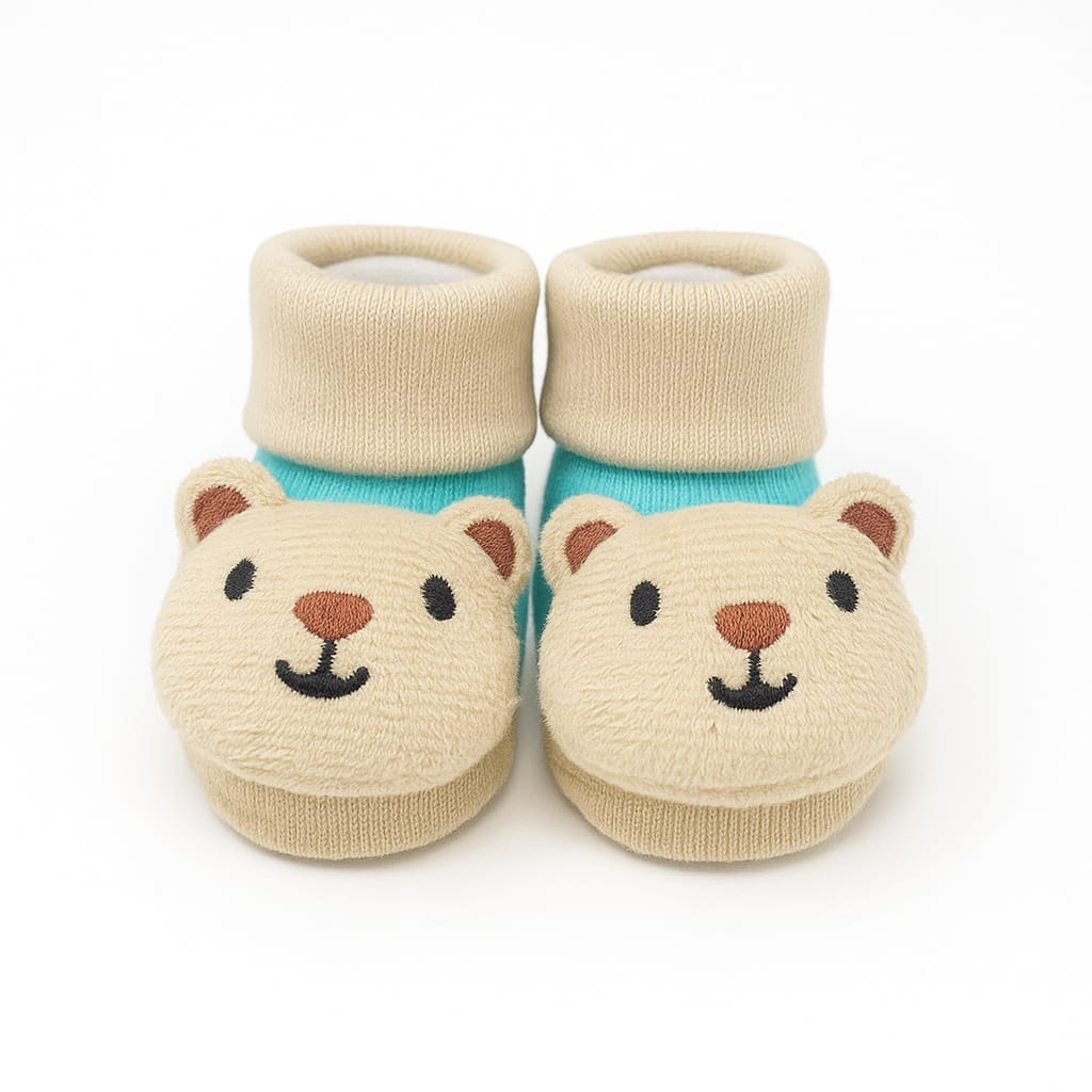 Beige Bear Baby Booties with Aqua Accent (0 - 6 Months)