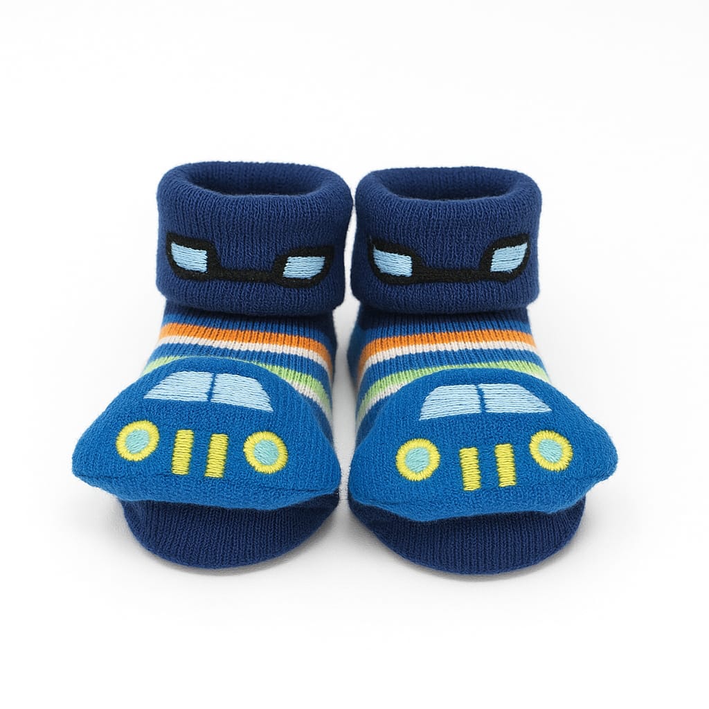 Blue Car Baby Booties with Striped Cuffs (0 - 6 Months)