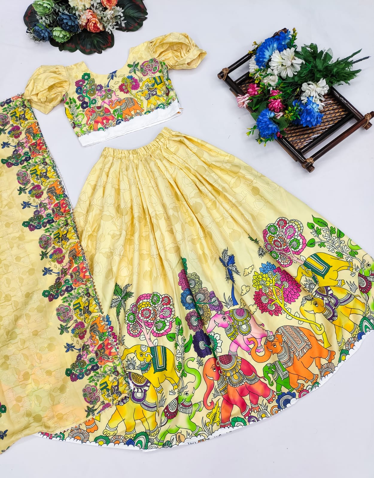 Festive Printed Lehenga Set for Kids – Elephant & Nature Motif