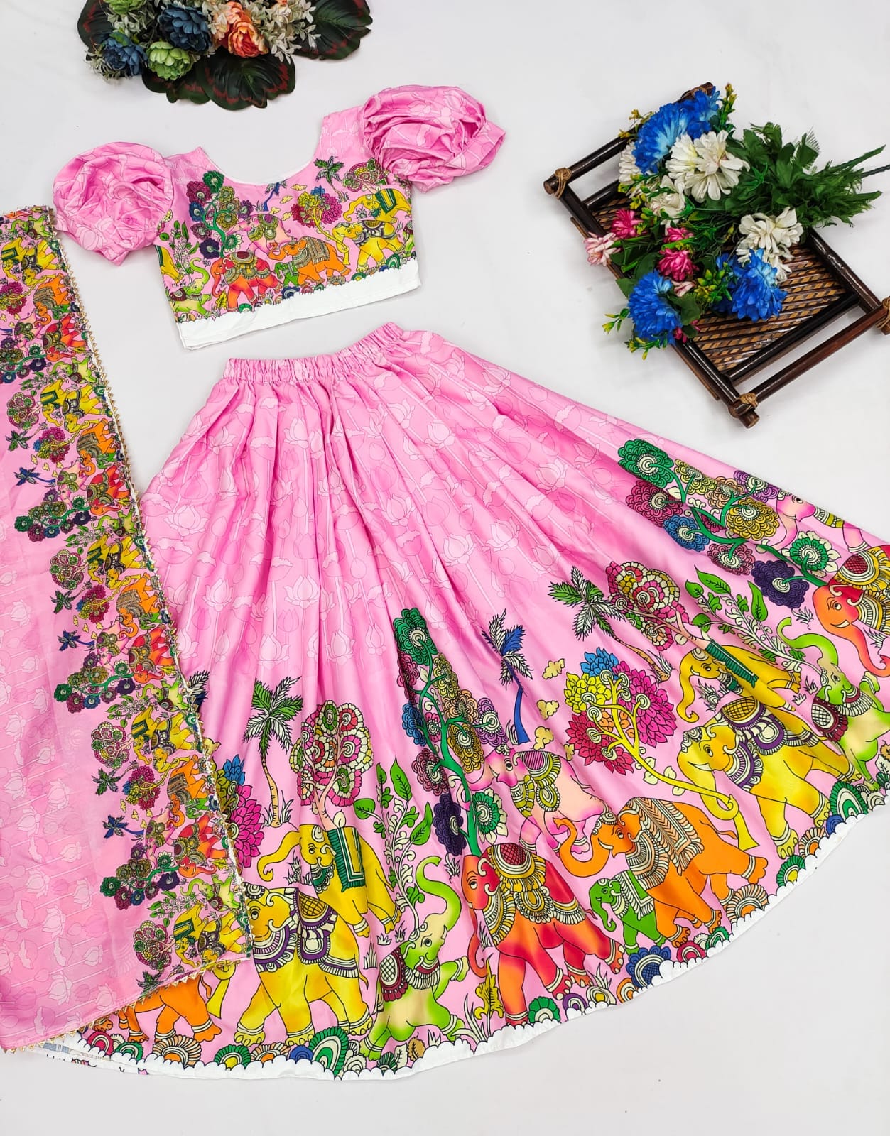 Festive Printed Lehenga Set for Kids – Elephant & Nature Motif