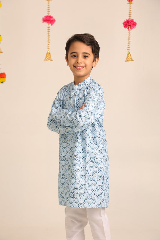 Boys' Printed Cotton Kurta with White Pajama Set