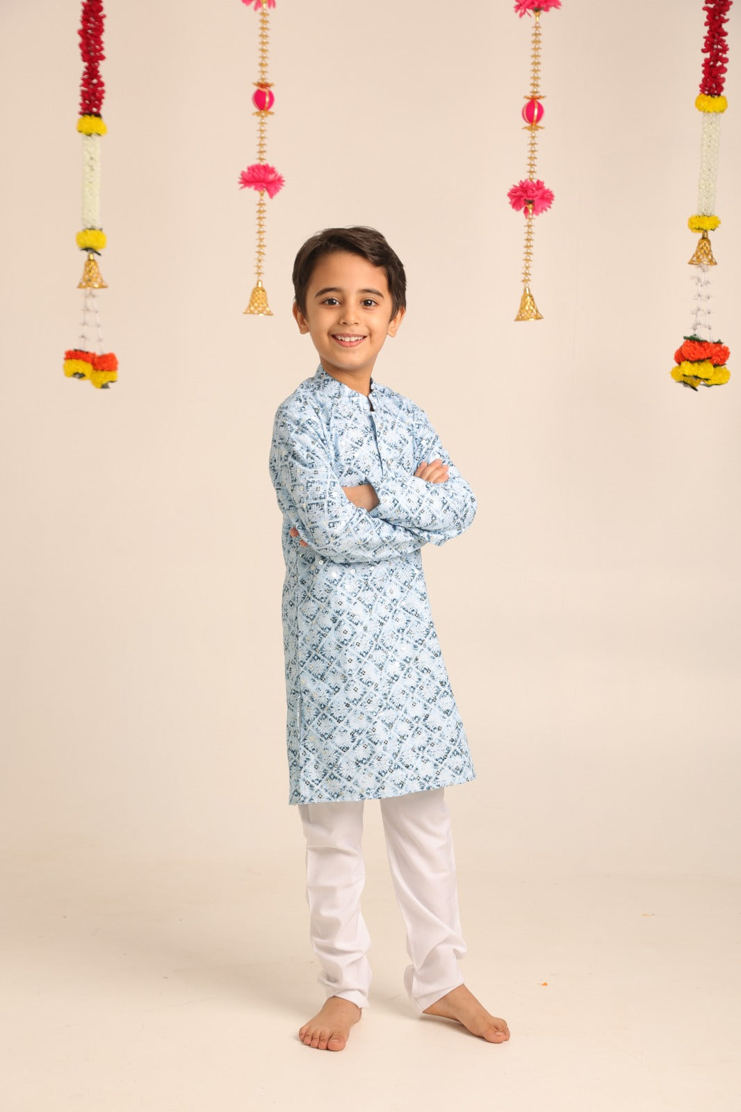 Boys' Printed Cotton Kurta with White Pajama Set