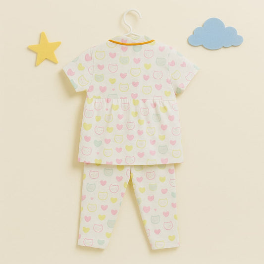 Multicolor Heart & Bear Print Night Suit for Baby Girls