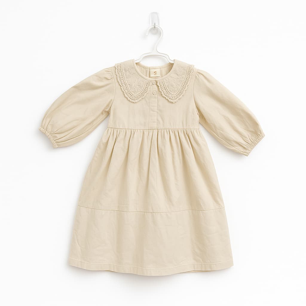 Girls' Beige Cotton Dress with Embroidered Peter Pan Collar
