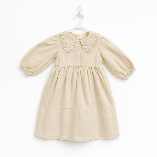 Girls' Beige Cotton Dress with Embroidered Peter Pan Collar