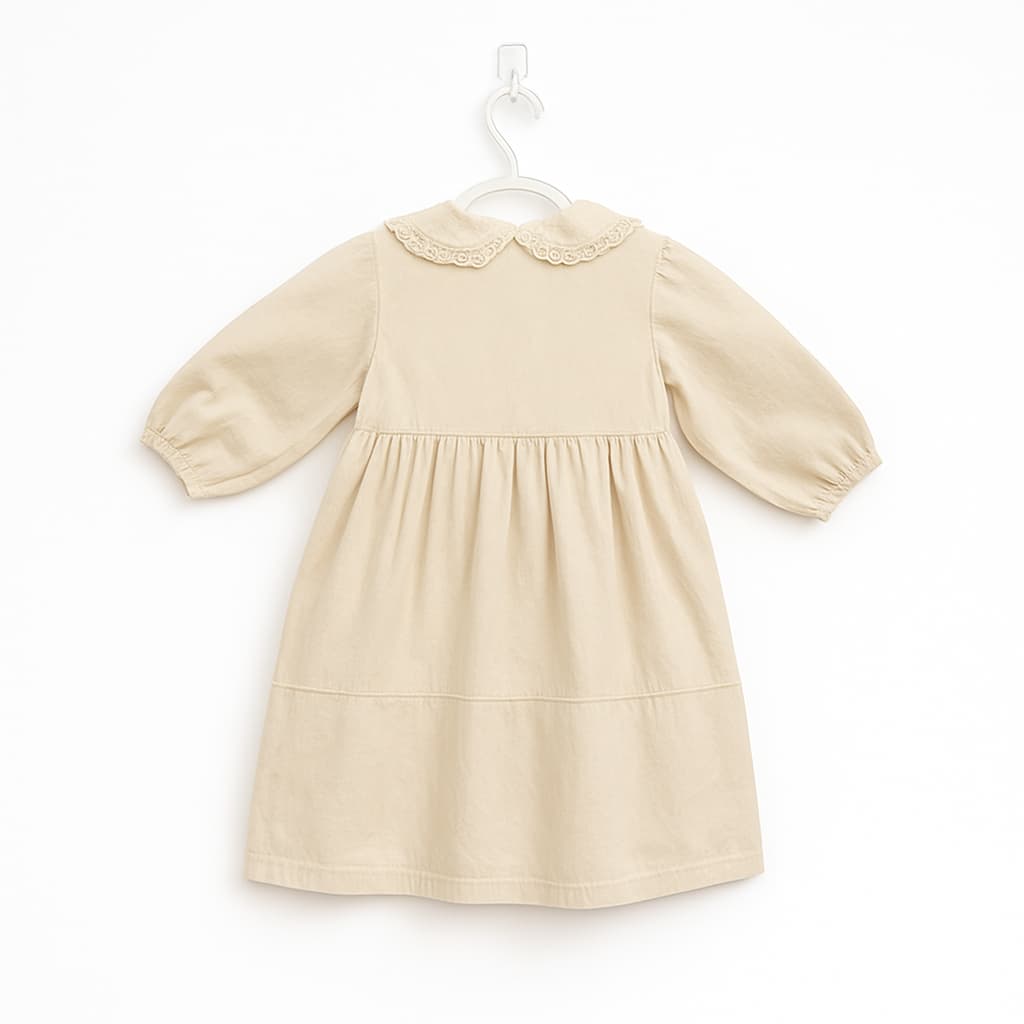 Girls' Beige Cotton Dress with Embroidered Peter Pan Collar