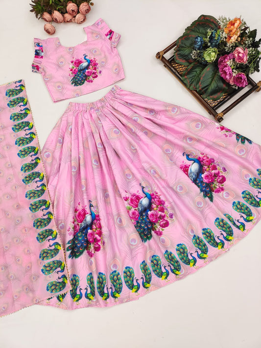 Elegant Peacock Print Lehenga Set for Kids – Floral Motifs
