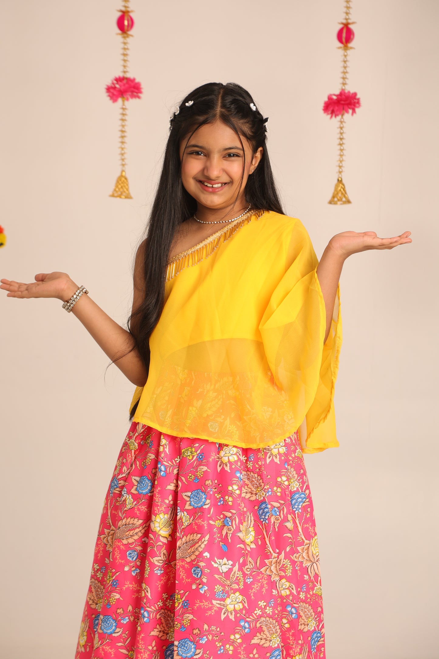 Yellow One-Shoulder Top with Pink Floral Skirt