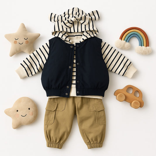 Striped Hoodie & Vest Outfit Set with Cargo Pants