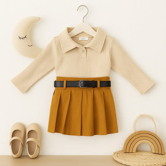 Chic Pleated Skirt Set with Ribbed Collar Top & Belt