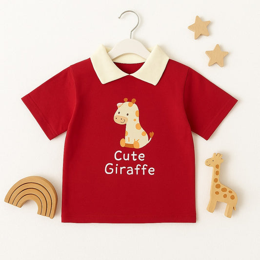 Cute Giraffe Print Polo T-Shirt for Boys – Bold Red Charm