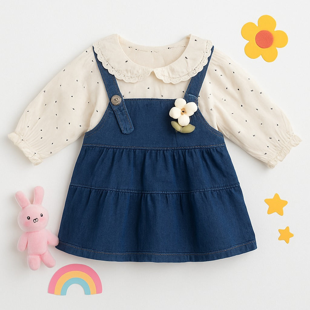 Girls’ Denim Dungaree Dress Set with Polka Dot Blouse