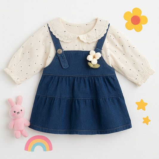 Girls’ Denim Dungaree Dress Set with Polka Dot Blouse