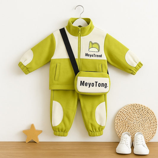 Unisex Green & White Winter Tracksuit Set with Crossbody Bag – Stylish 3-Piece Ensemble