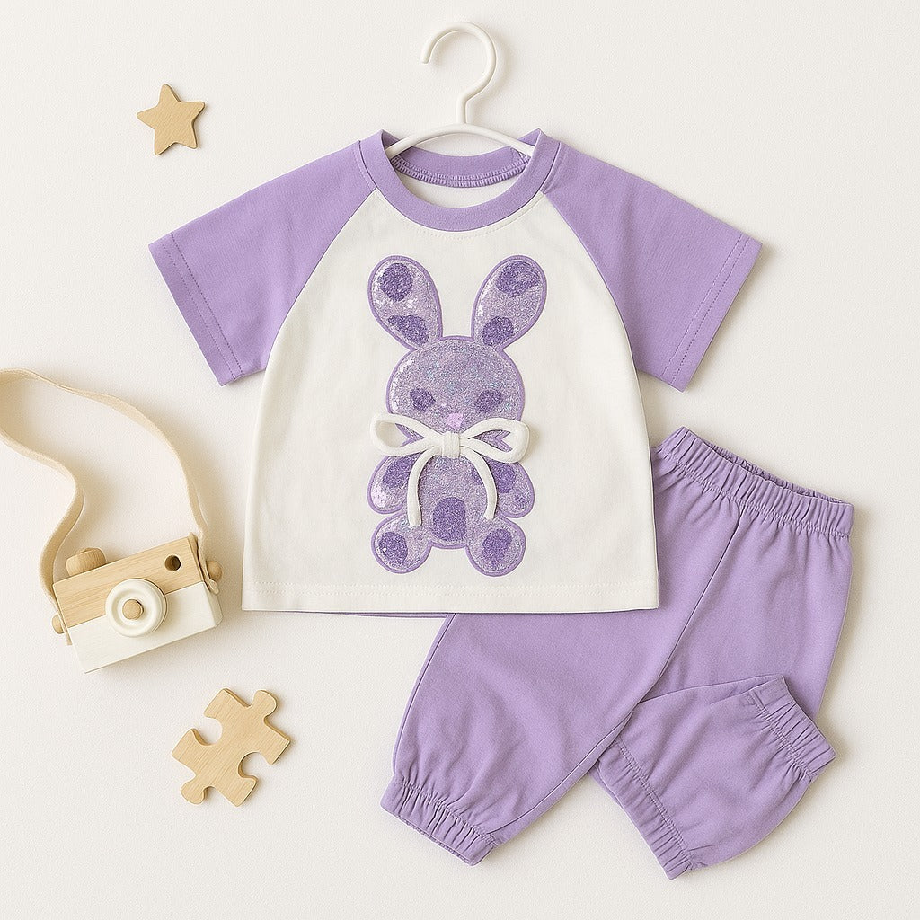 Cute Purple Bunny Print T-Shirt and Jogger Set