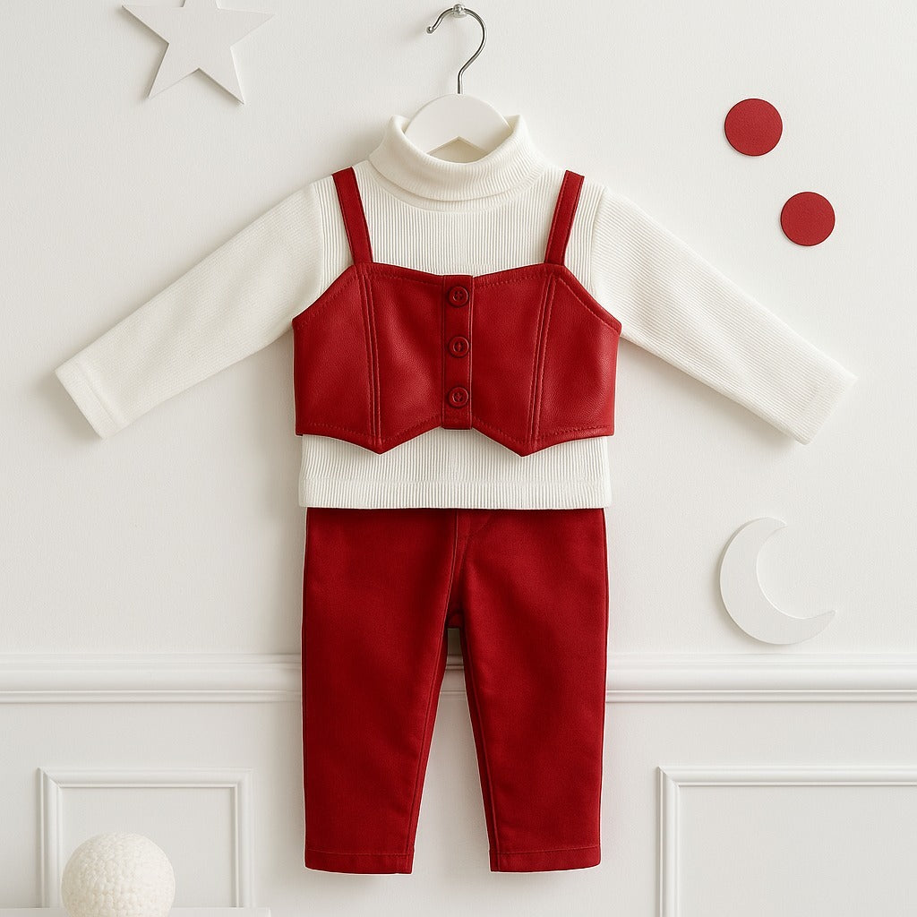 Elegant Red & White Layered Look Baby Outfit Set