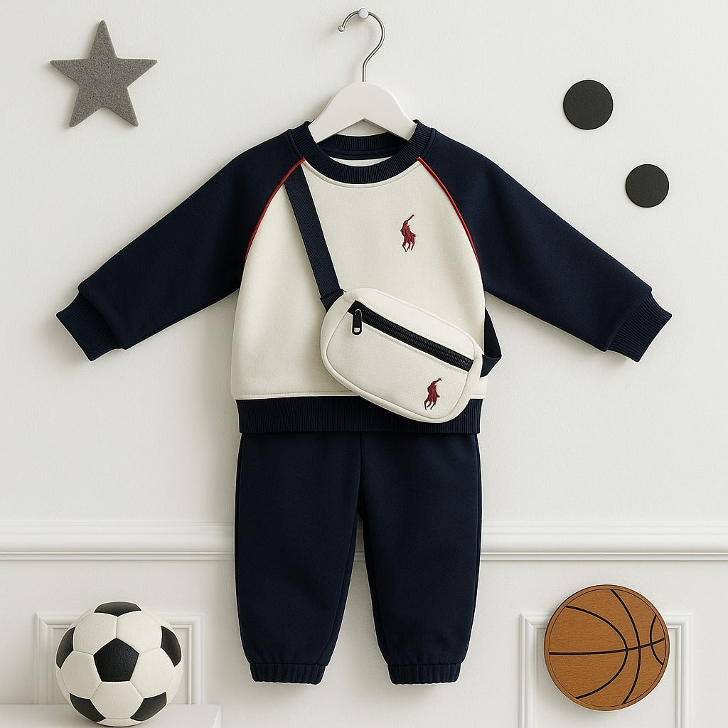 Sporty Navy & Cream Tracksuit Set with Crossbody Bag