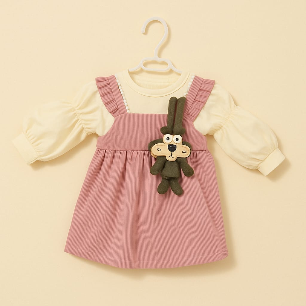 Cream & Mauve Pinafore Dress with Plush Toy Accent for Baby Girls