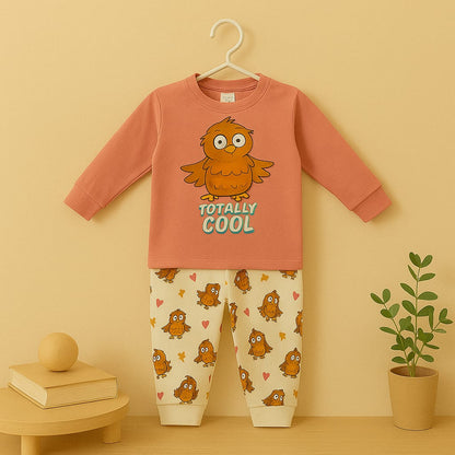 “Totally Cool” Owl Print Cotton Nightwear Set for Toddlers