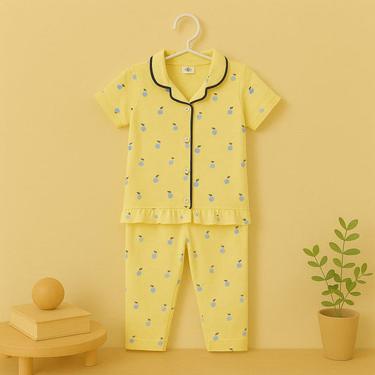 Yellow Fruity Print Cotton Summer Pajama Set for Toddlers
