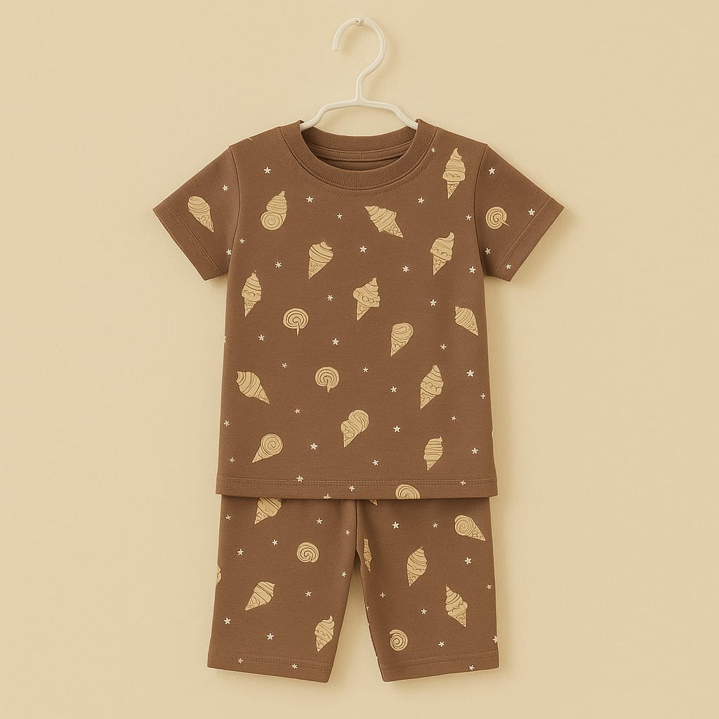 “Choco Cones” Sweet Ice Cream & Stars Printed Cotton Nightwear Set