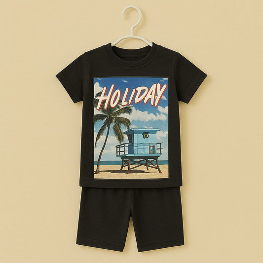 "Holiday Vibes" Tropical Beach Printed Cotton Nightwear Set