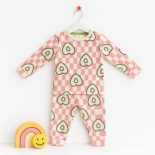Retro Pink Checkered Heart Print Cotton Night Suit