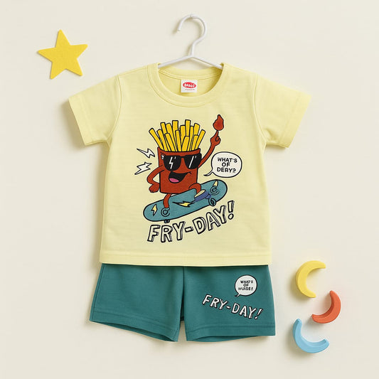 "Fry-Day Fun" Cartoon T-Shirt & Shorts Set for Boys