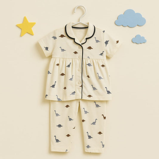 Adorable Cream Dinosaur Print Night Suit for Baby Girls