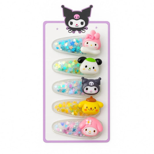 Set of 5 Glitter Star Snap Hair Clips with Sanrio-Inspired Characters