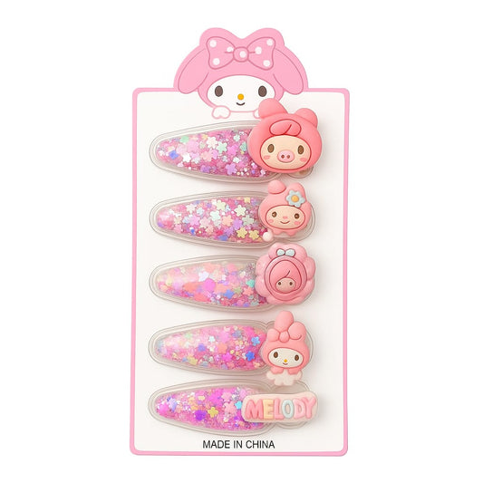 Set of 5 Pink Glitter Snap Clips with My Melody-Inspired Charms