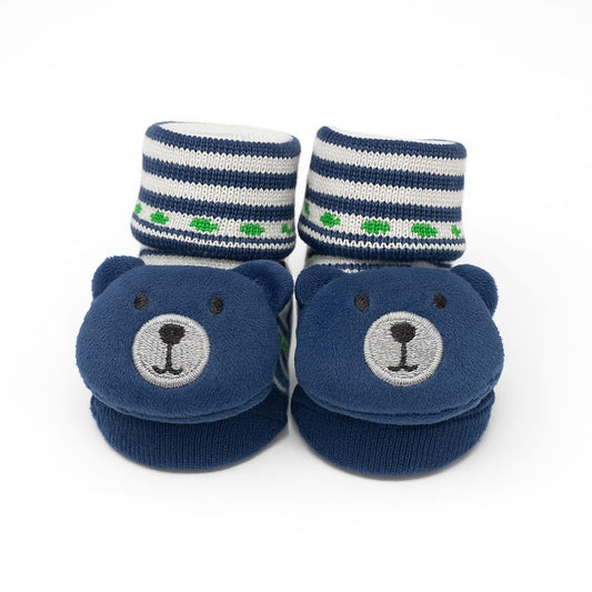 Navy Blue Bear Baby Booties with Striped Cuffs (0 - 6 Months)