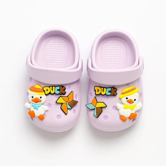 Lavender Clogs with Cartoon Duck & Pinwheel Charms